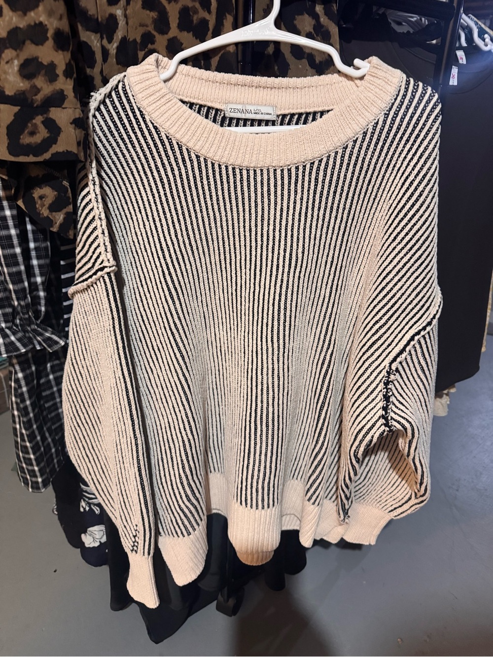 Zenana Outfitters Cream and Black Ribbed Crewneck Sweater - Picture 2 of 2